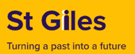 St Giles Logo, purple text on a yellow background