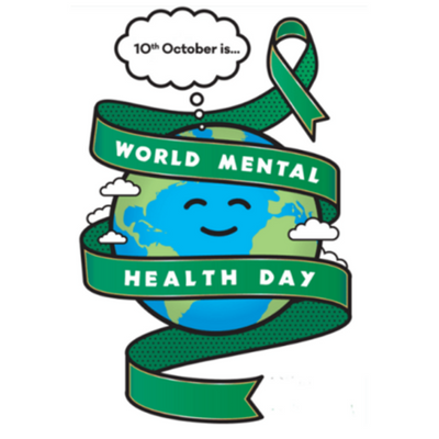 Smiling face on Earth with a green banner saying World Mental Health Day