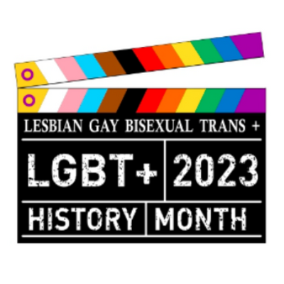 Film clapperboard, the LGBT+ flag colours form the top section of the clapperboard. Text reads LGBT+ History Month 2023